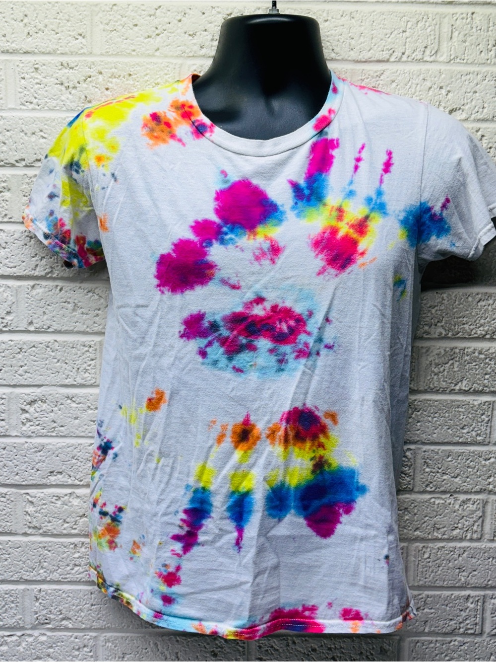 GILDAN Unisex Sz S White 100% Cotton Crumpled Tie-Dye Tee Pink Yellow Blue โข VGโผ